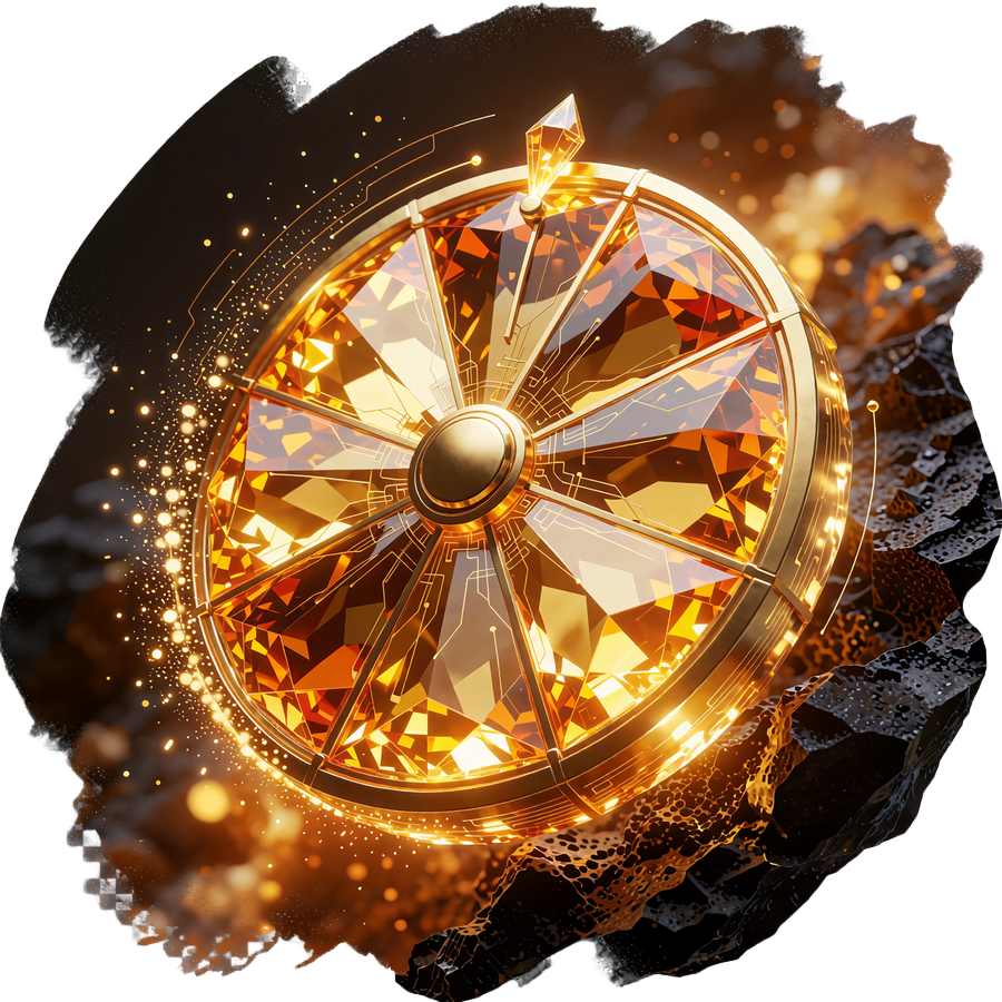 Hjul bygget af otte krystalsegmenter i guld og rav med guldnav - Lucky Spins hos JB Casino