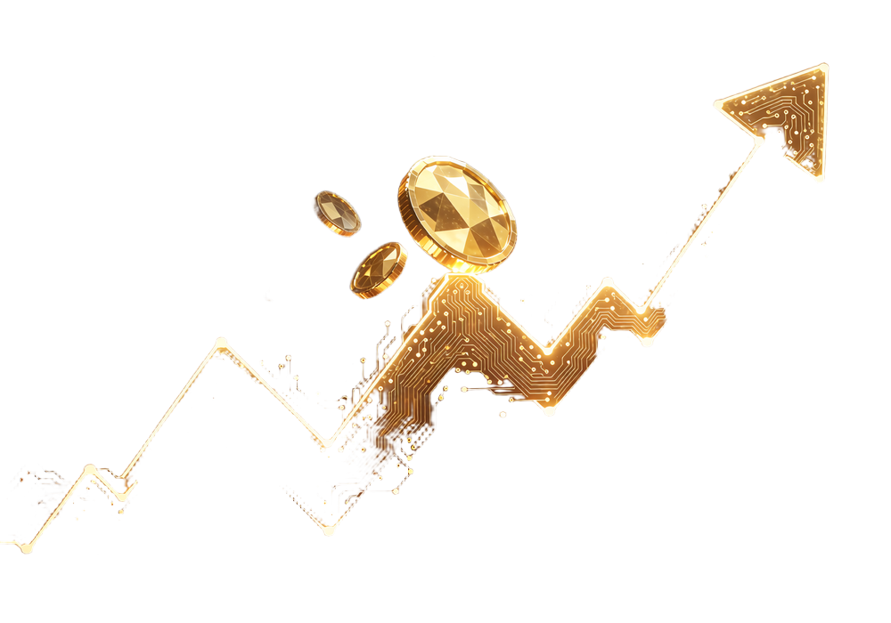 Takket kursgraf med en guldm&oslash;nt balancerende p&aring; en top - crypto-kursrisiko ved udbetaling