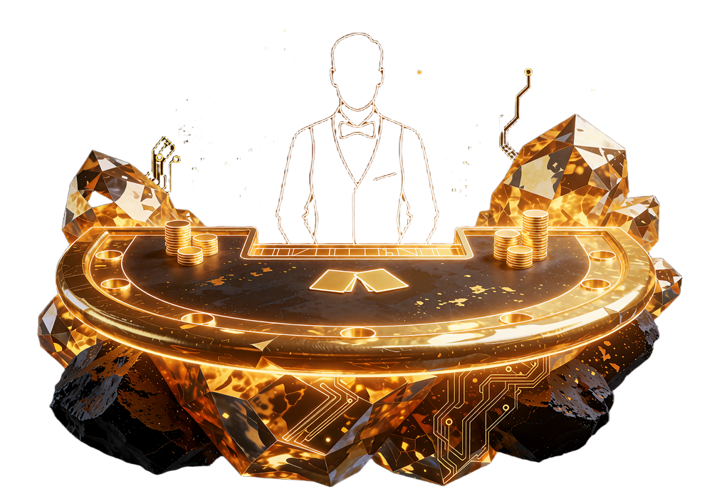Guldlinjetegning af et buet kortbord med dealer-silhuet, kort og chips - live casino hos JB Casino